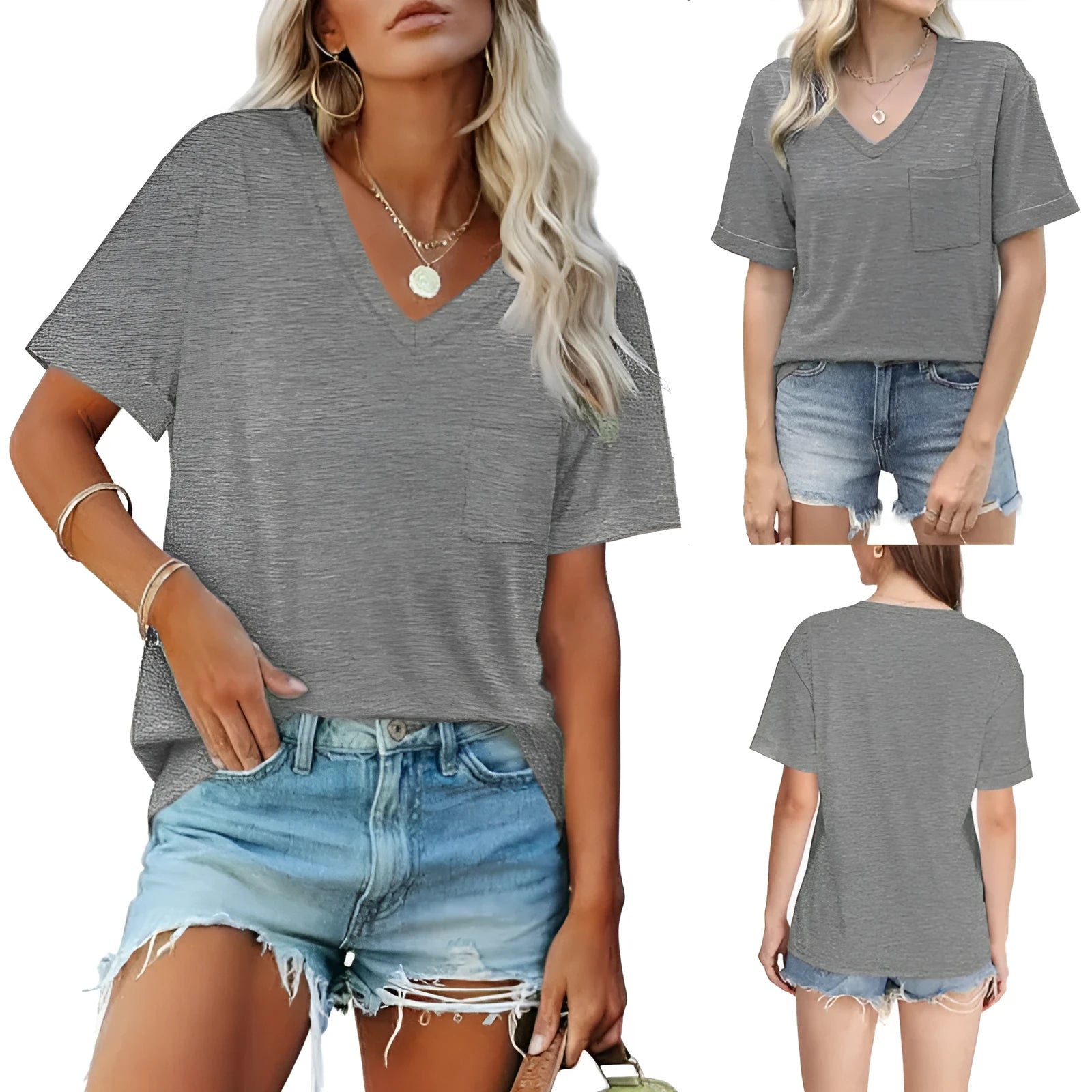 Grey loose fit V-neck T-shirt with front pocket and short sleeves