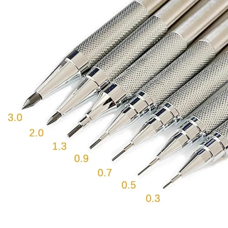 Metal mechanical pencil available in 0.5mm, 0.7mm, and 2.0mm sizes for technical drawing