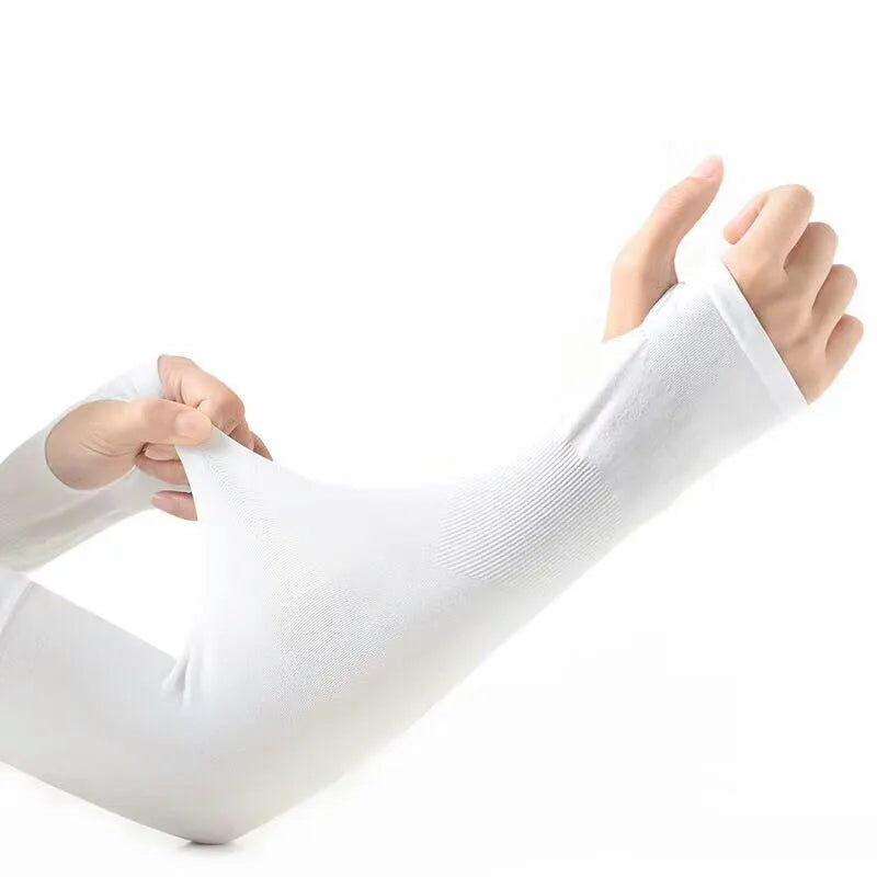 White viscose fibre driving sun protection sleeves with open-finger design showing forearm coverage
