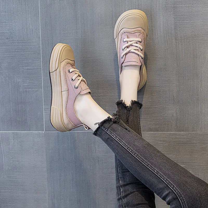 Women's leather casual platform sneakers in matcha green, showing lace-up front and round toe design.