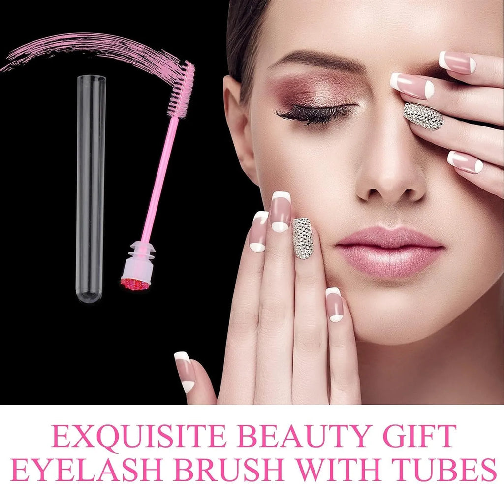 Disposable eyelash and mascara brushes in transparent plastic tubes with spiral brush heads