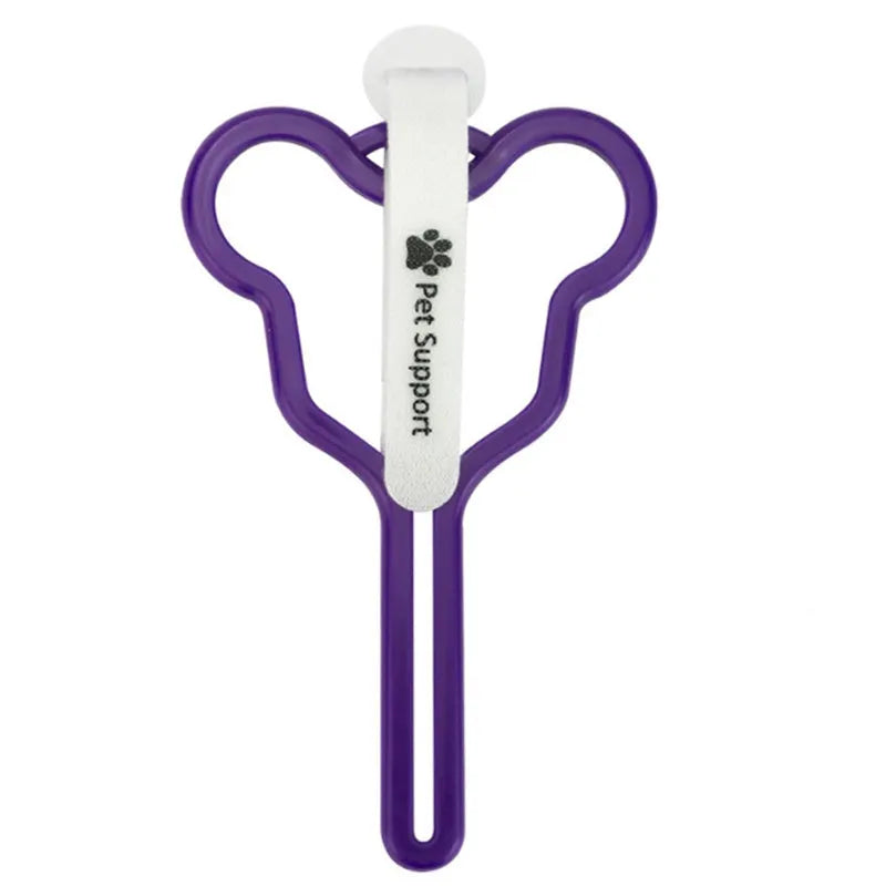 A dog poop bag holder with a Velcro strap, shown attached to a pet leash.