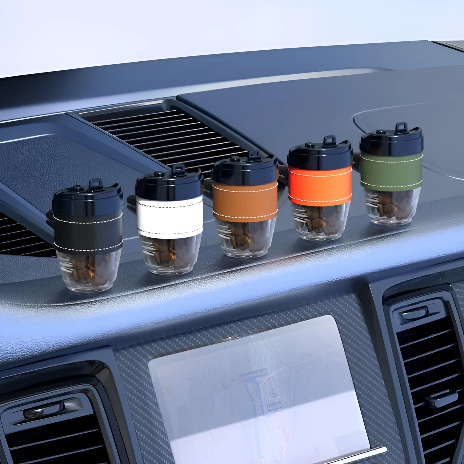 Plastic coffee cup shaped solid car air freshener in choice of colours for odour removal.
