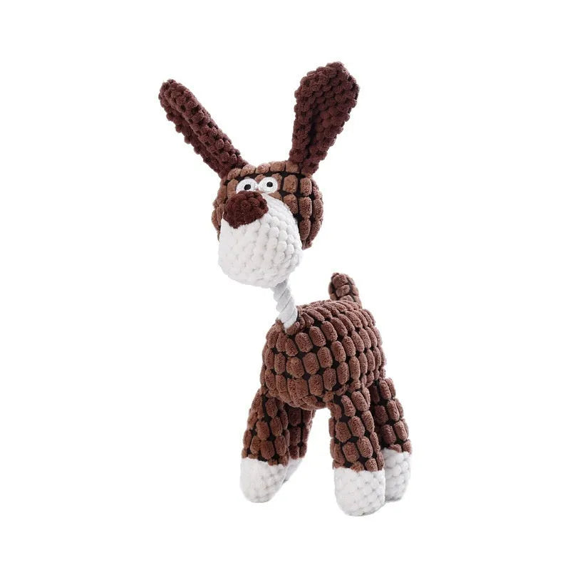 Bite-resistant puppy plush toy in animal designs including donkey, duck, elephant, and dog styles