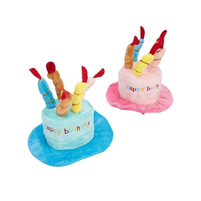 Blue and pink small dog birthday hat with a bone-shaped squeaker toy gift set.