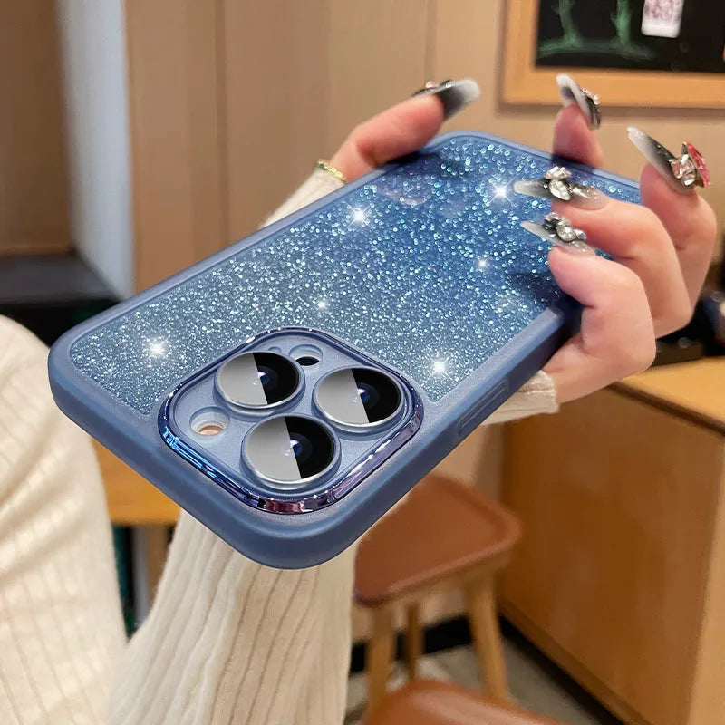 Transparent glitter gradient iPhone case with magnetic suction on a smartphone.