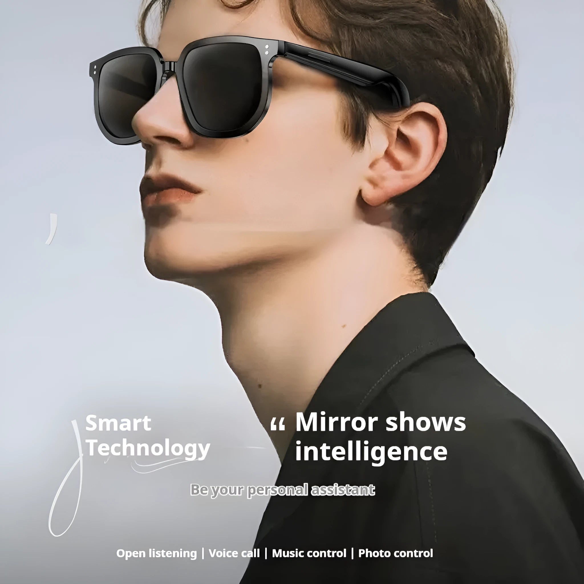 Black smart glasses with Bluetooth audio capabilities and touch controls