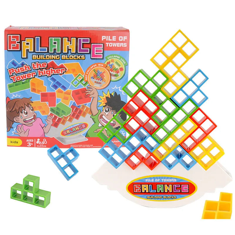 Plastic balance stacking game with 16 colourful building blocks, chassis, and base on a table.