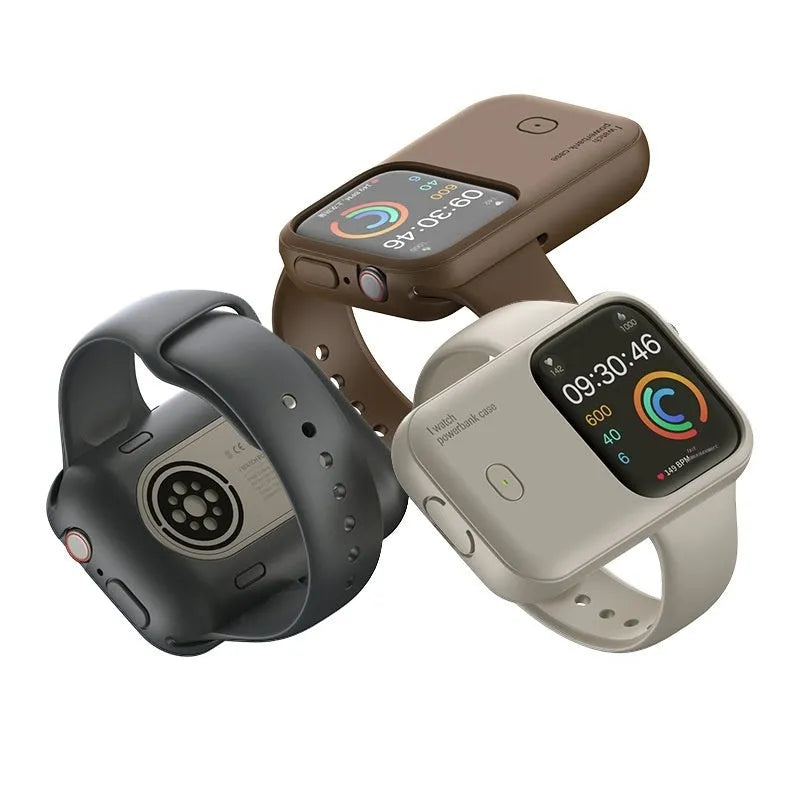 Apple Watch portable charging case in Brown, Midnight Blue, or Starlight colours with 1200mAh battery