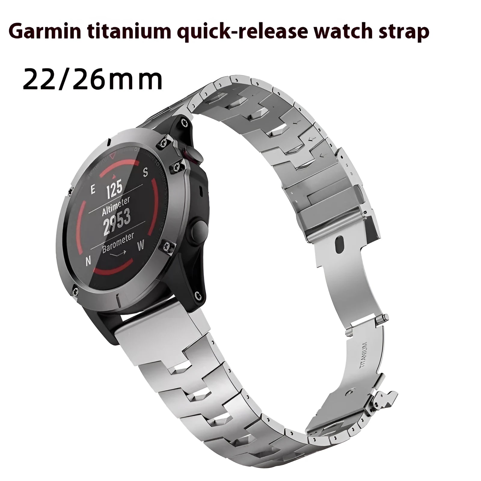 Garmin Fenix Jiaming watch replacement strap in black, silver, or titanium colour with 22mm or 26mm connector