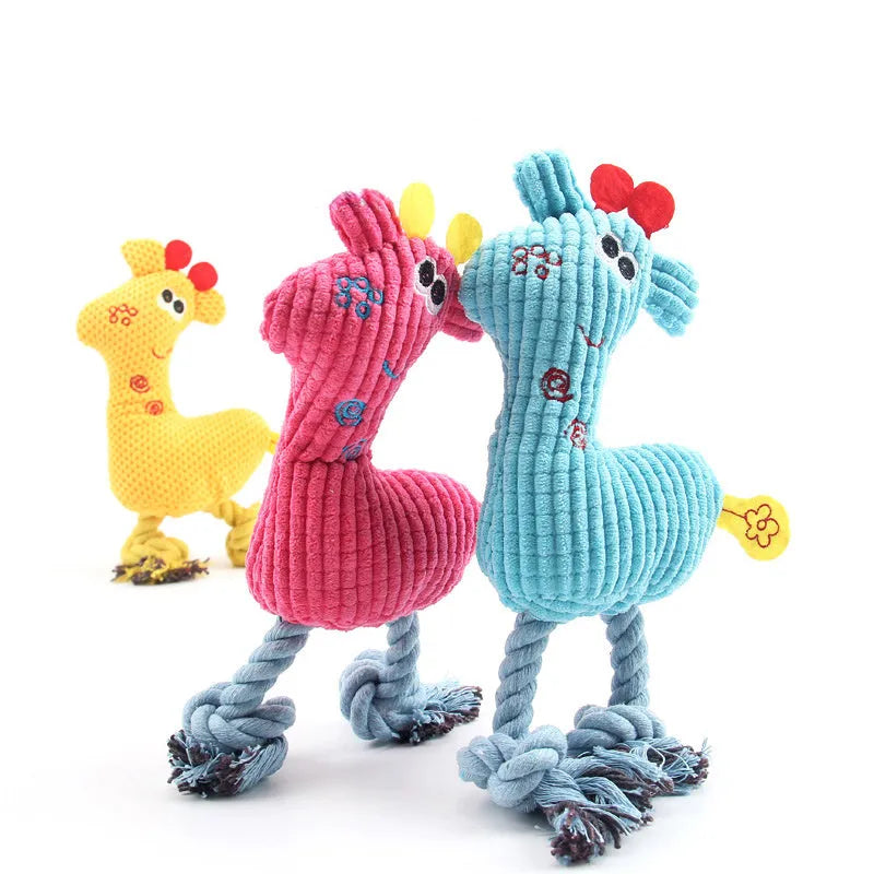 Blue plush deer-shaped dog toy with corn grain texture on a white background.