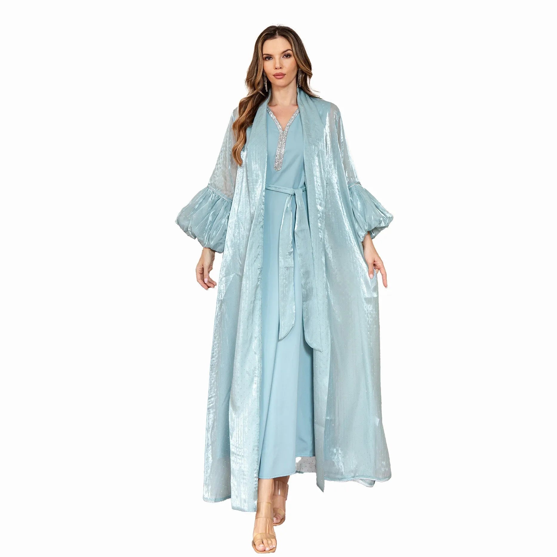 Arabic two-piece evening dress with rhinestone straps, long sleeves, and floor-length skirt in blue or brown