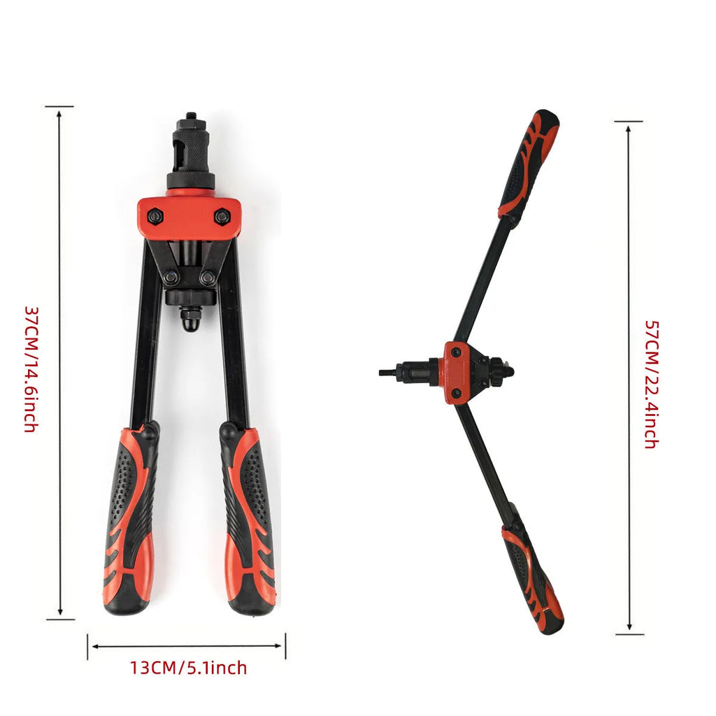 CQ14 14-inch alloy rivet nut tool with set of six metric gun tips on a workbench.
