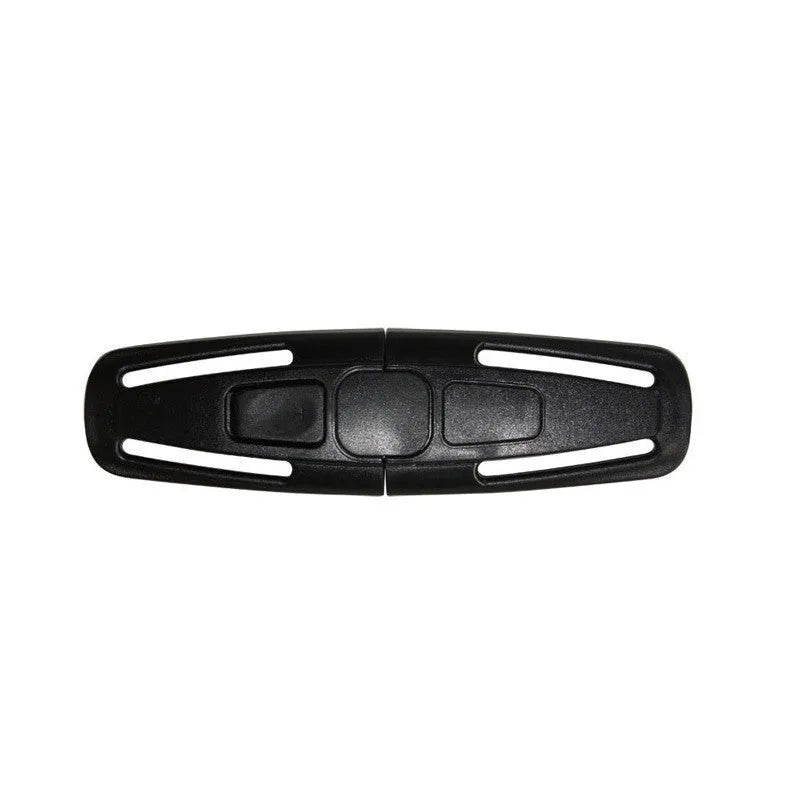 Black child safety seat buckle clip with 5-point harness compatibility measuring 14.5 by 4 centimetres