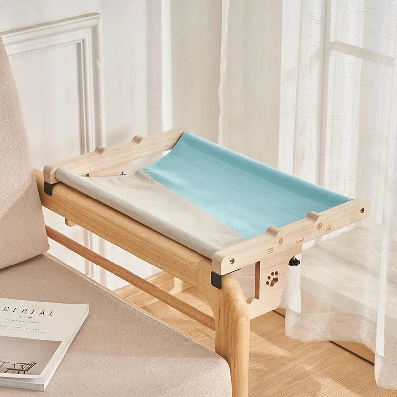 Wooden cat hanging bed hammock with fabric cushion in one of seven style designs