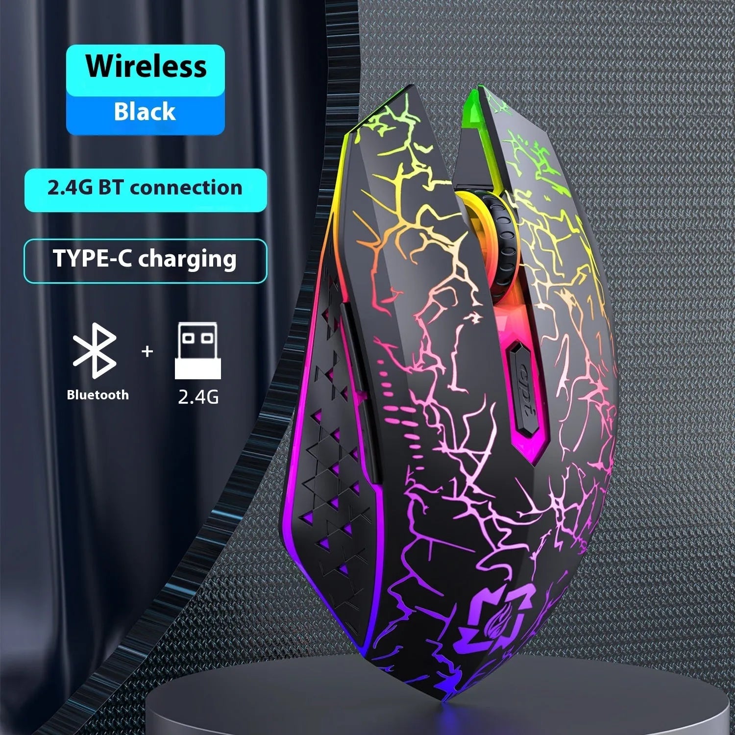 Black and white wireless gaming mouse showing Bluetooth and 2.4G dual-mode connectivity with luminous breathing light effect