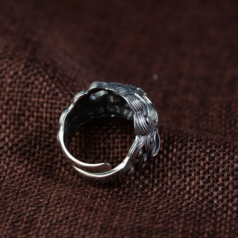 Silver adjustable open ring with Jibeast animal zodiac pattern and diamond detailing