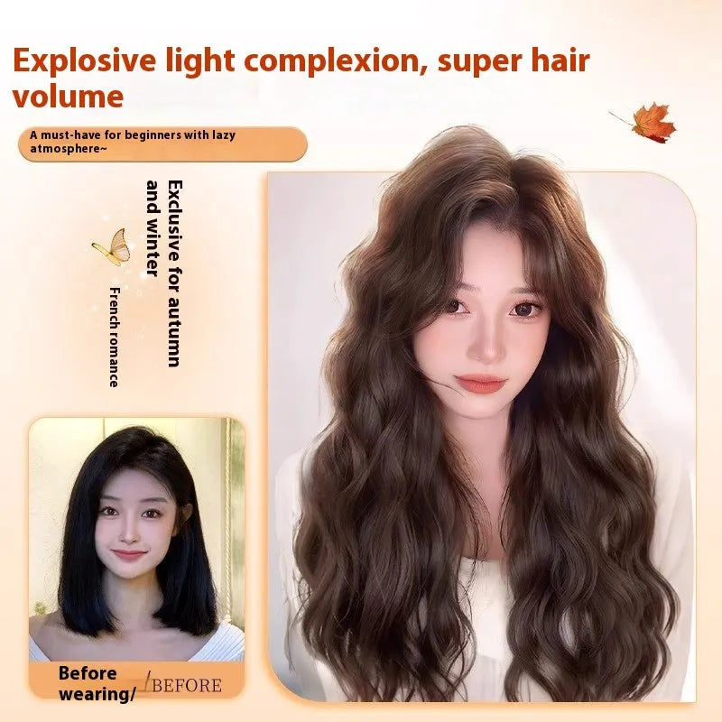 Full-head long curly synthetic wig with side bangs in brown colour options