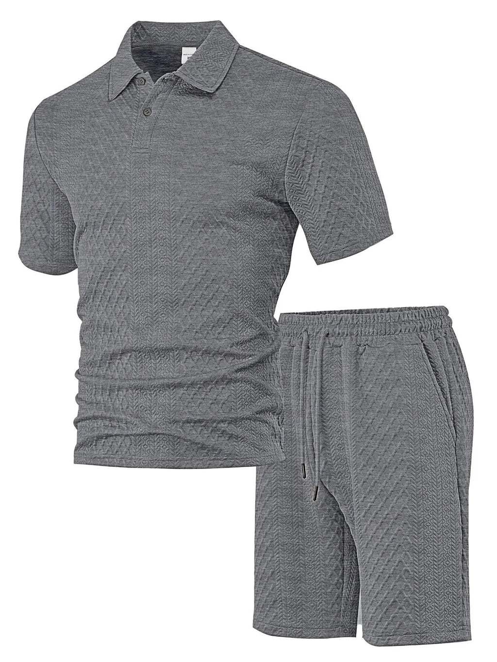 Men's patterned polyester casual suit with short sleeve polo top and pants in multiple colour options
