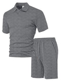 Men's patterned polyester casual suit with short sleeve polo top and pants in multiple colour options