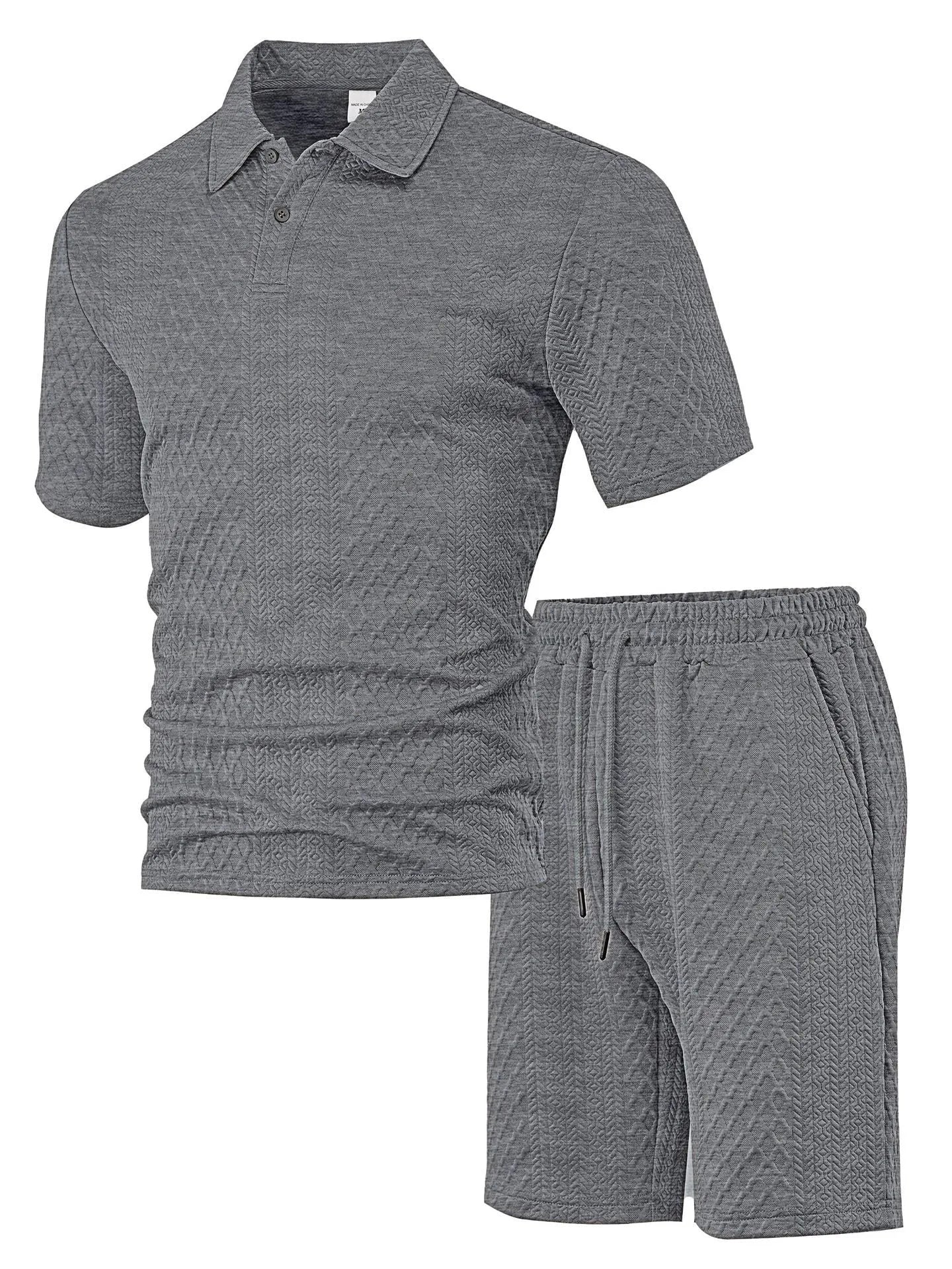 Men's patterned polyester casual suit with short sleeve polo top and pants in multiple colour options