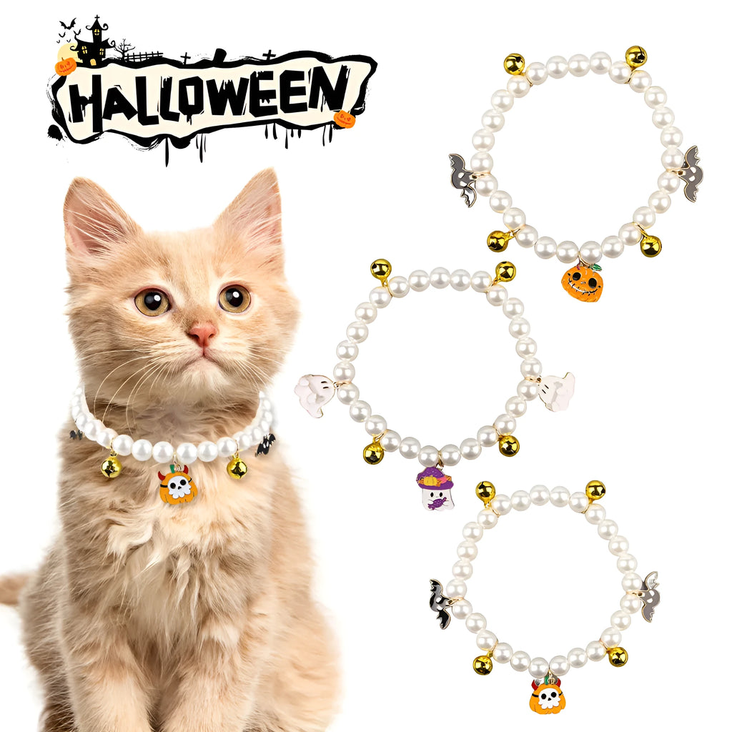 Halloween pet collar with simulated pearl beads and purple ghost pumpkin decoration for cats