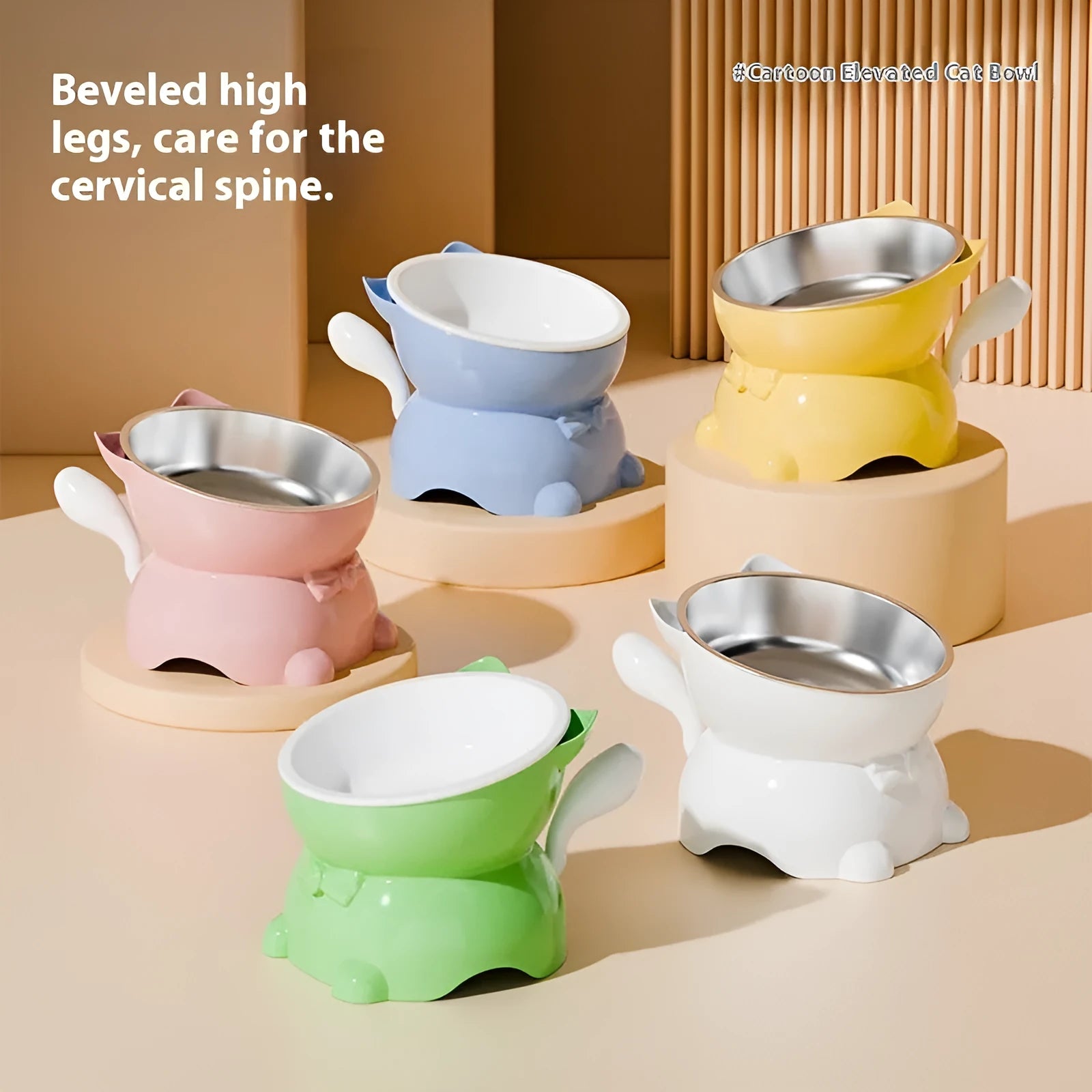 Oblique stainless steel anti-fall cat bowl shown in black, blue, pink, and yellow colours.
