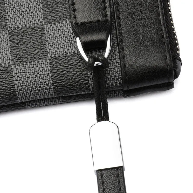 Black leather plaid men's wallet showing cowhide texture and compact 20cm size