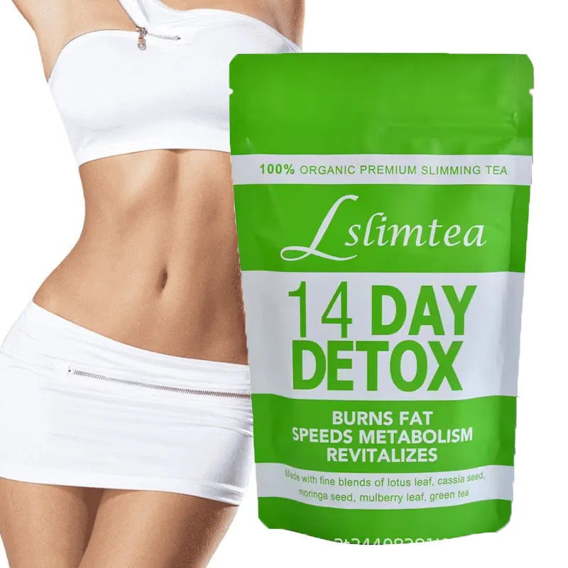Box of 14-day herbal detox tea containing 14 individual sachets, net weight 42g.