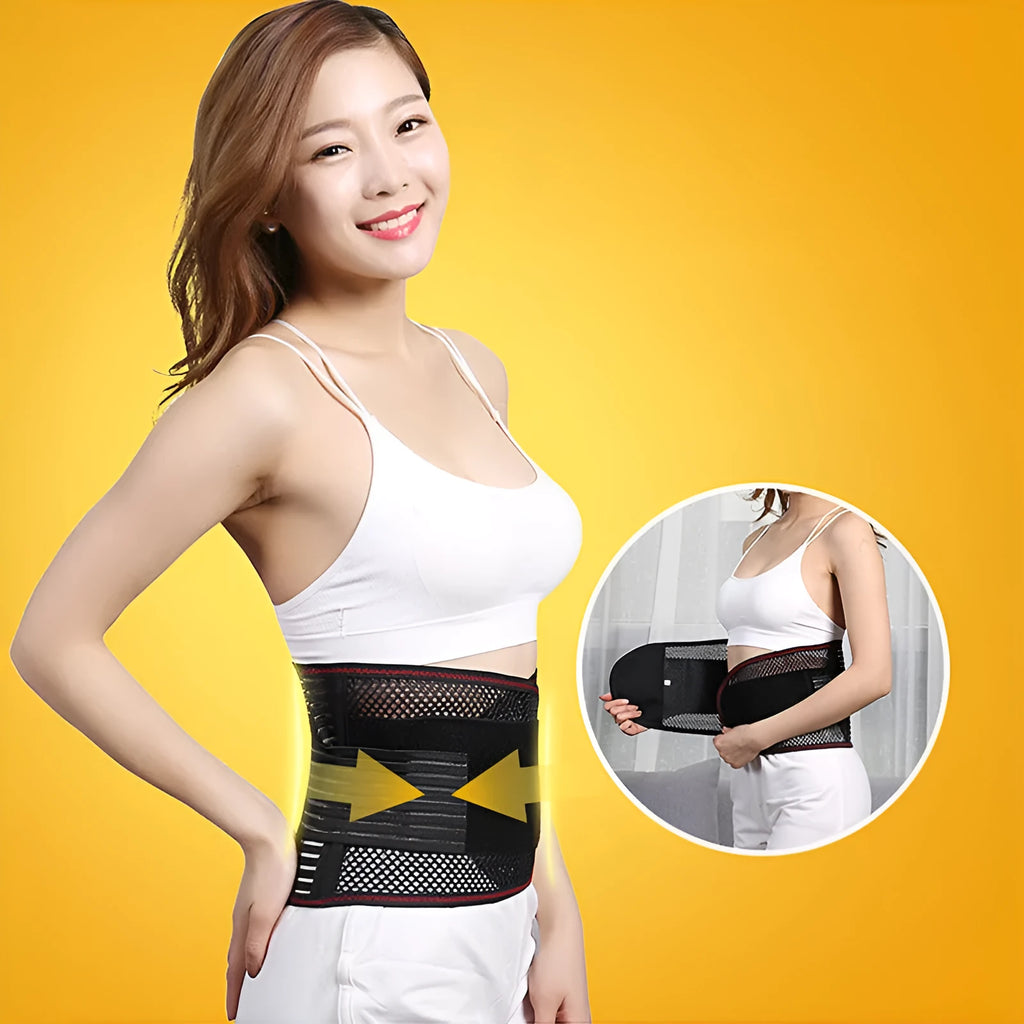 Black breathable sports waist support with steel plate for lumbar decompression.