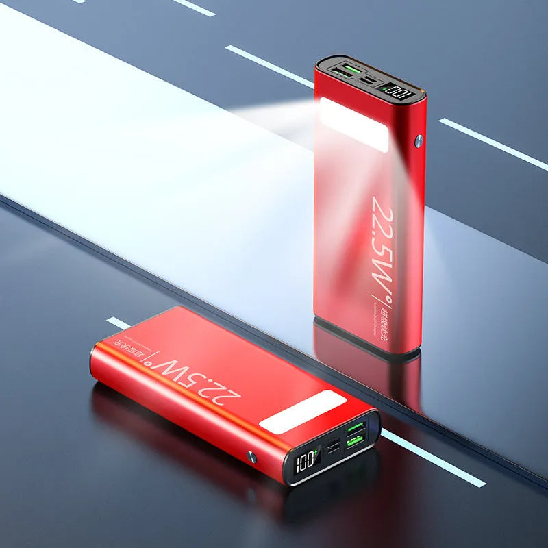 Alloy power bank with LCD display showing battery percentage, available in four colours