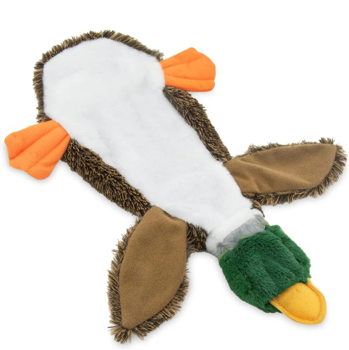 Green wild duck shaped stuffless dog toy with soft plush fabric and squeakers for pets