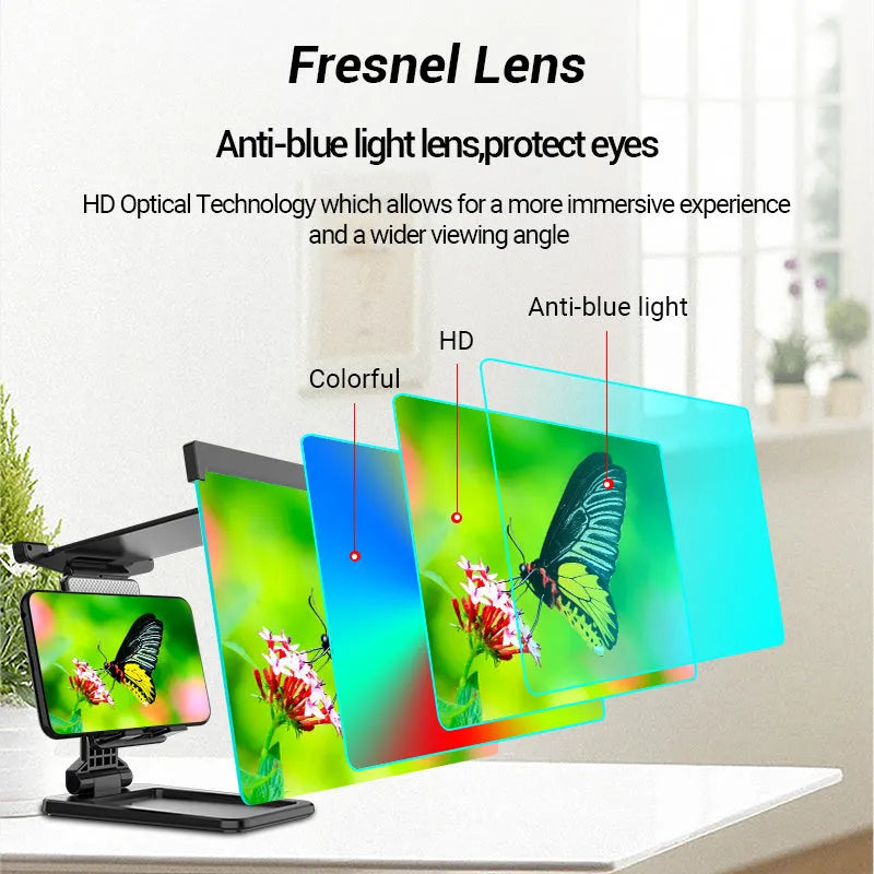 Black 12-inch curved mobile phone screen amplifier with separate folding phone holder on desktop