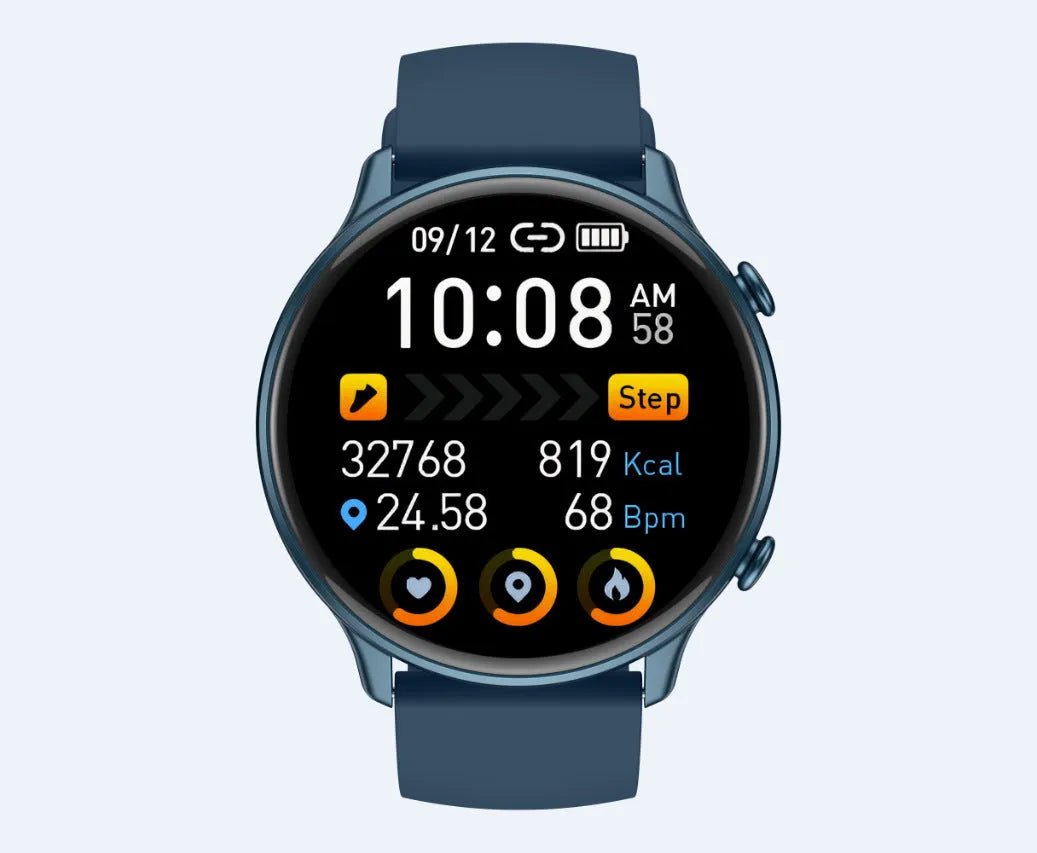 Round smart sports watch with touch screen and silicone strap in three colours