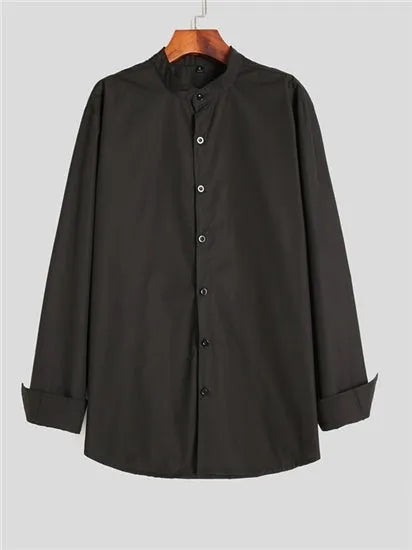 Men's black stand-up collar shirt with fitted silhouette, available in sizes S to XXXL for smart casual and formal wear.