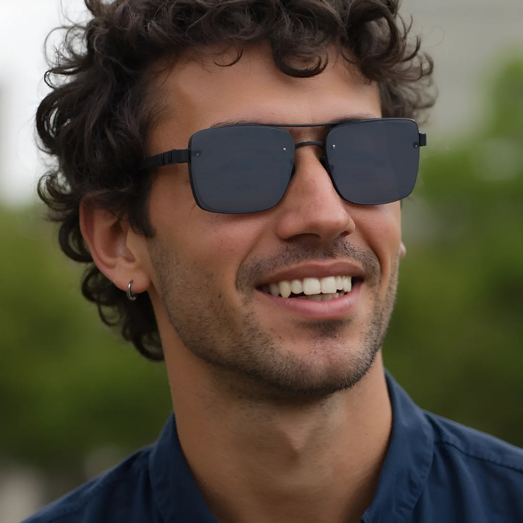 Men's vintage style sunglasses with UV protection in a European American design on a PC frame.