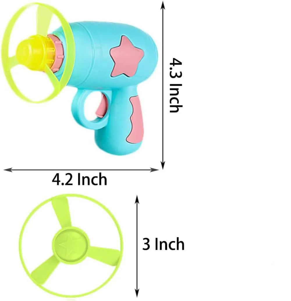 Blue interactive cat toy gun with spinning plastic frisbee for indoor cat play sessions