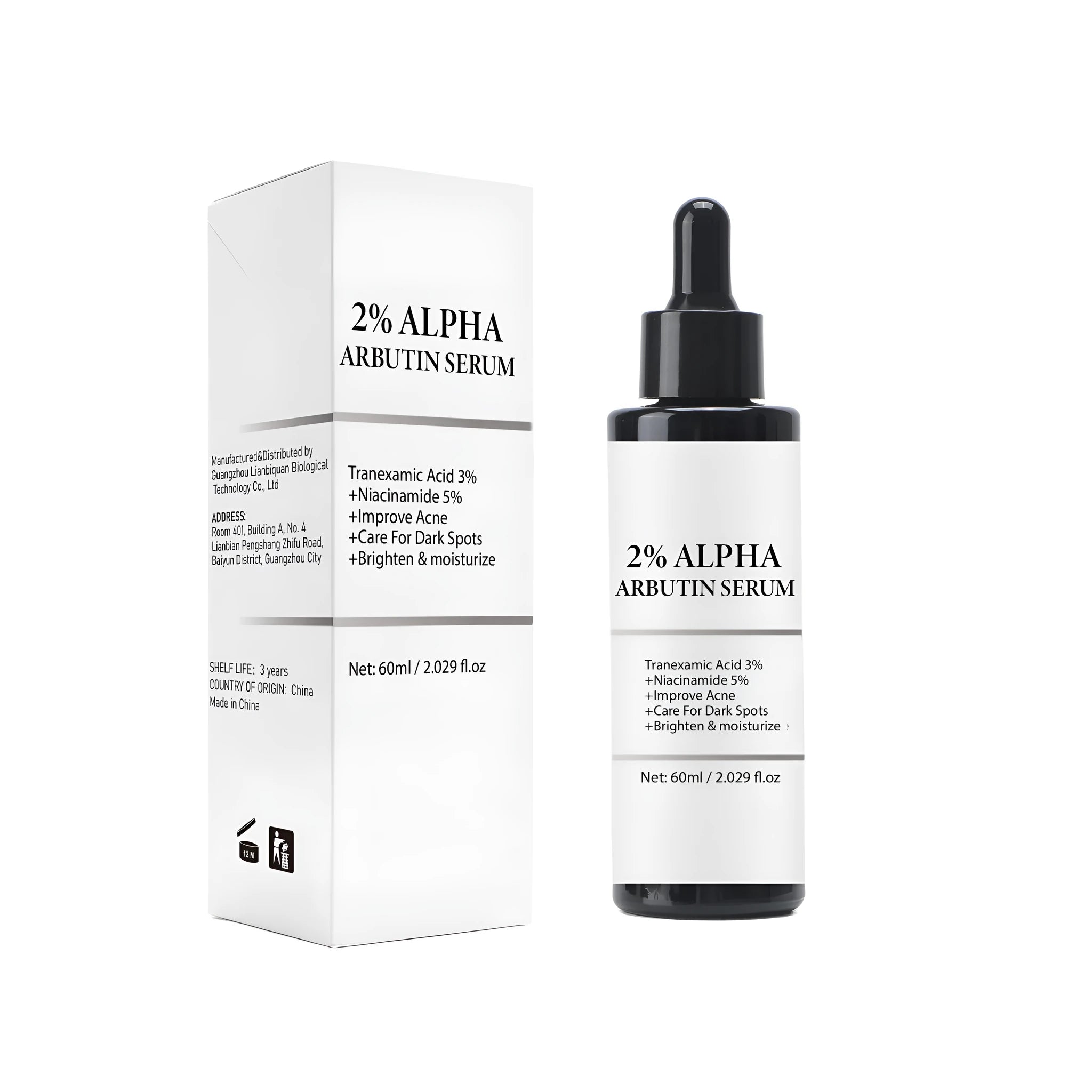 60ml Alpha-Arbutin facial care solution bottle with moisturising and hydrating properties