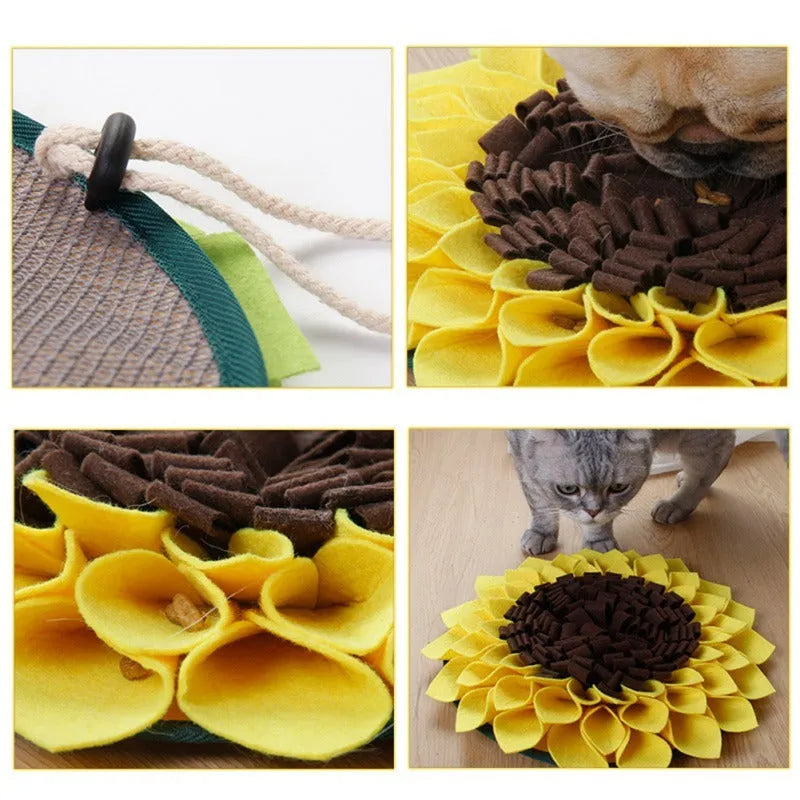 Yellow sunflower shaped dog snuffle mat with fleece petals for treat hiding games
