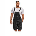 Men's ripped denim suspender shorts in dark blue with straight-leg cut