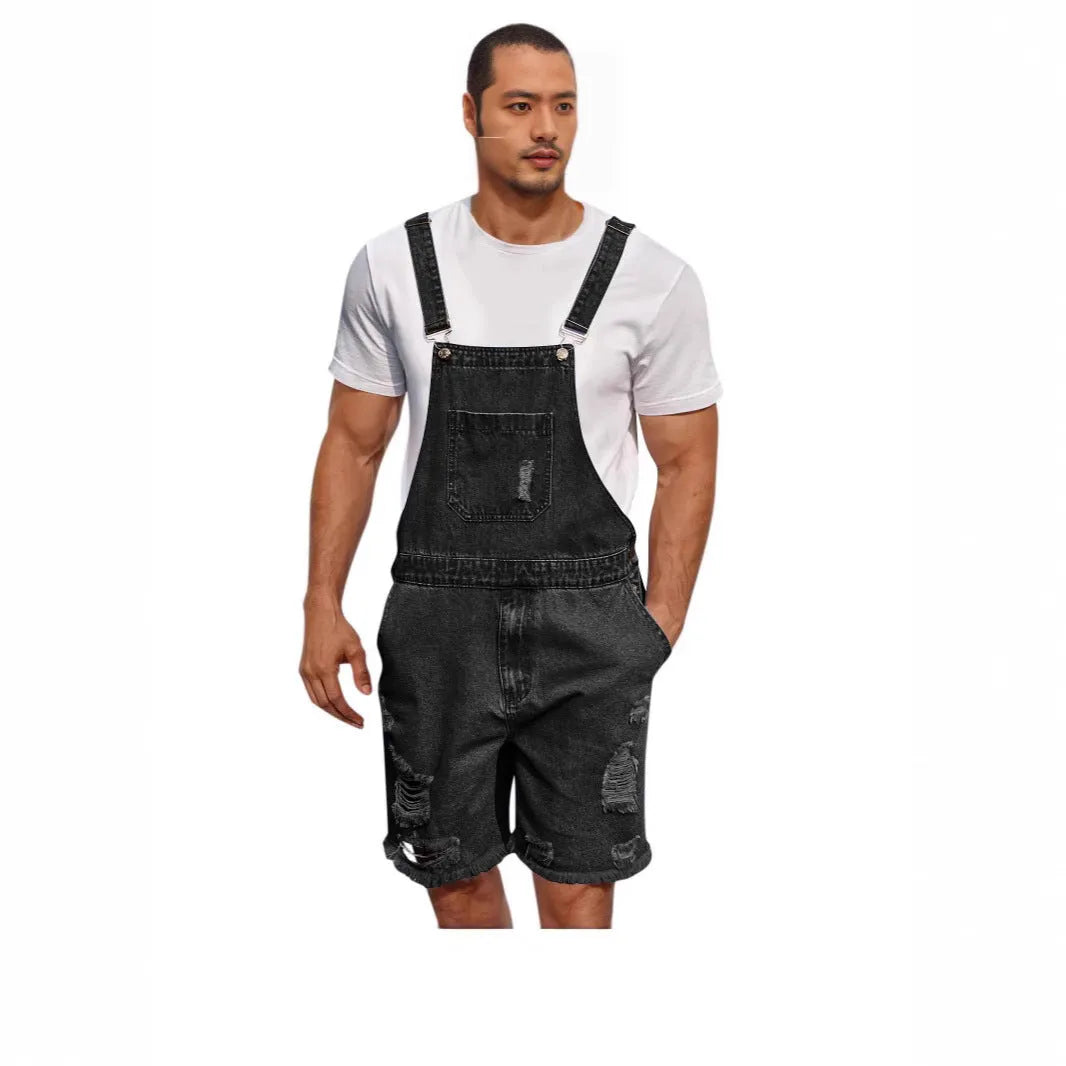 Men's ripped denim suspender shorts in dark blue with straight-leg cut