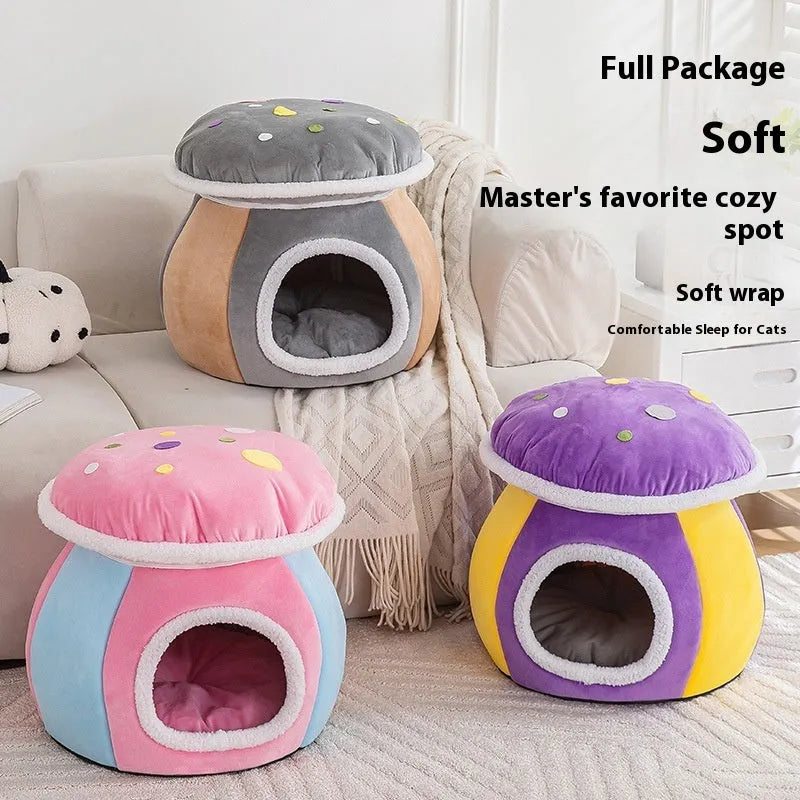 Purple mushroom-shaped cat bed with detachable top blanket on grey carpet