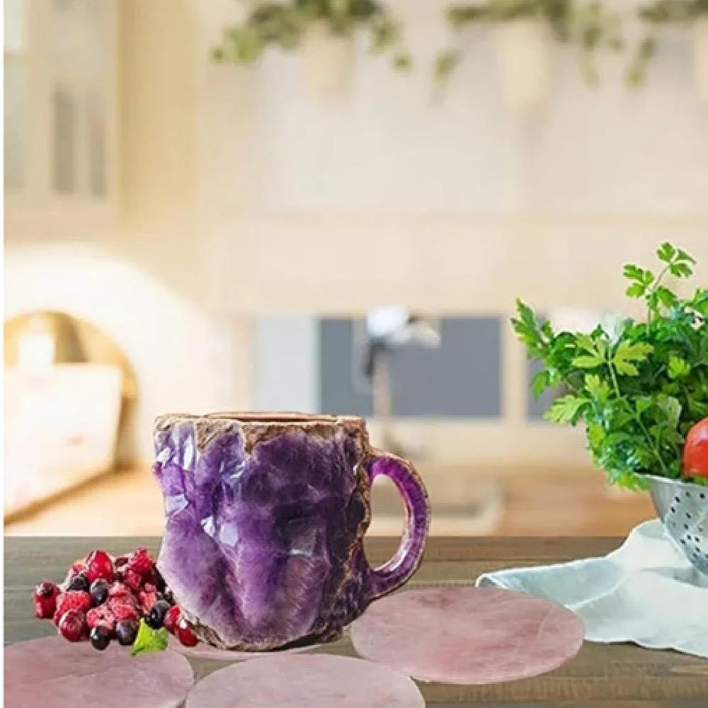 Resin mineral crystal coffee mug with handle in purple colour showing transparent construction