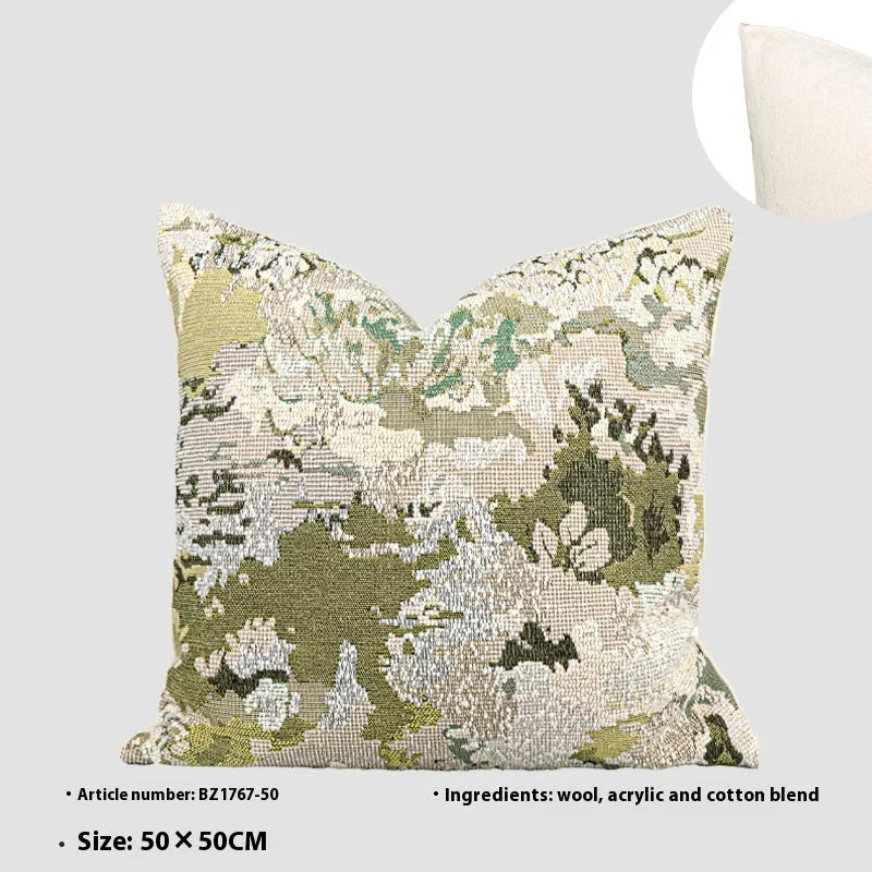 Chinese style decorative pillow with spring flowers botanical pattern on antique green wool blend fabric