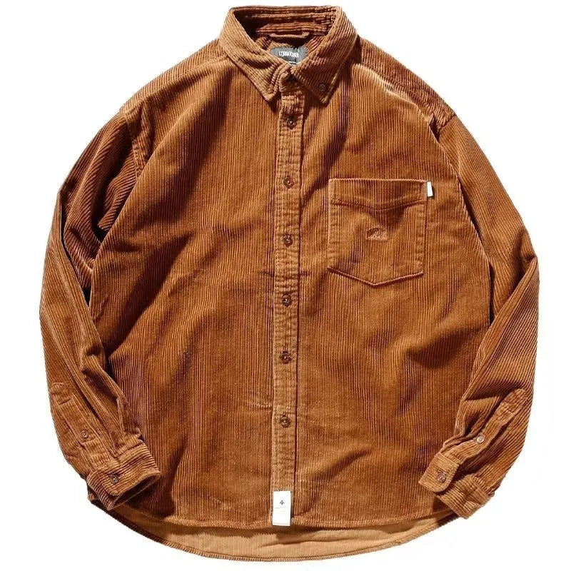 Japanese Hong Kong style corduroy shirt with loose fit and cardigan design in caramel colour