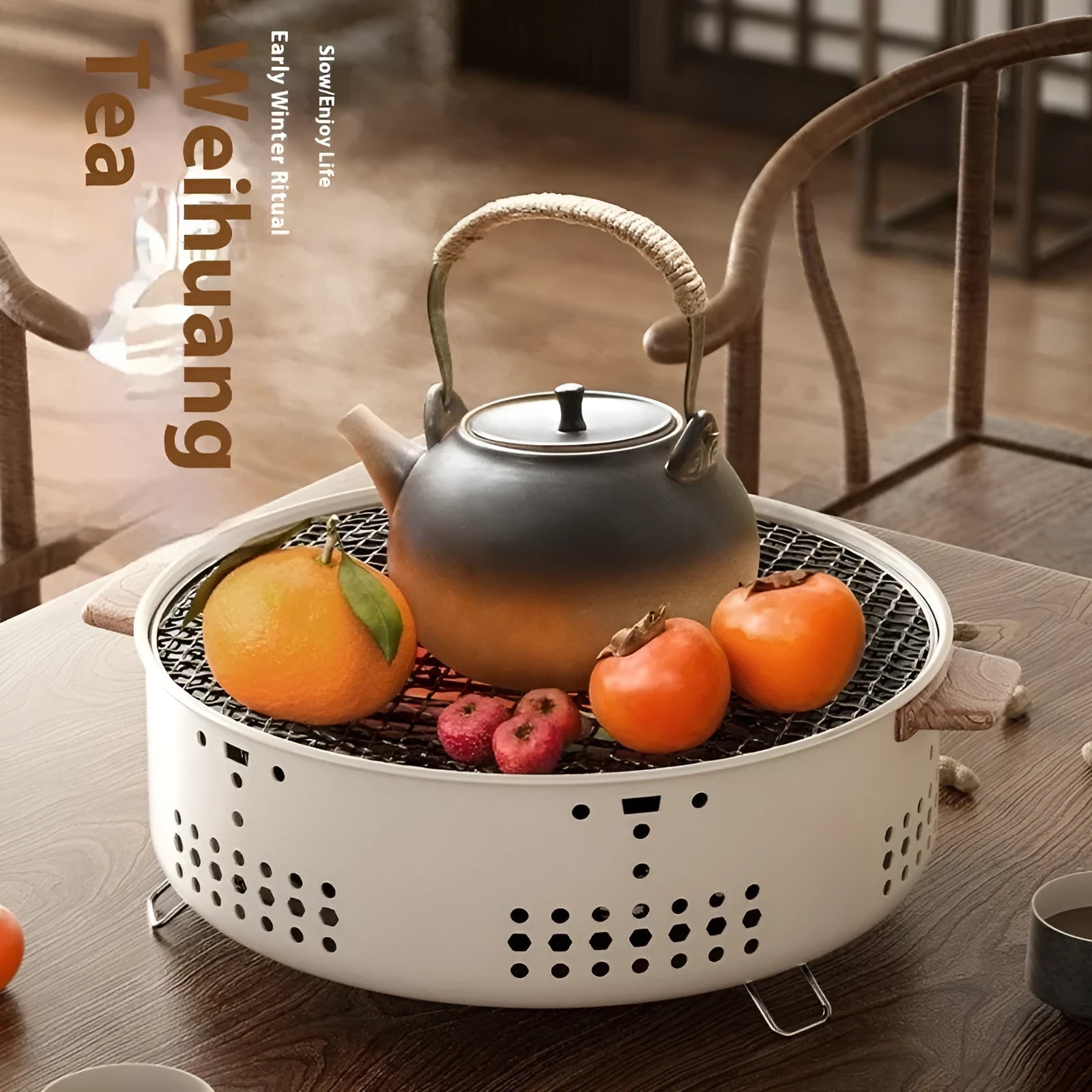 Portable indoor charcoal stove with grill rack disk for tea cooking and baking