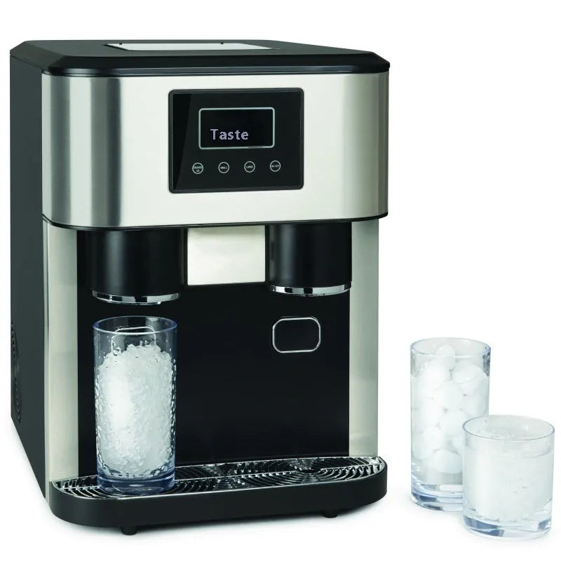 Black desktop ice maker with stainless steel ice box on a kitchen countertop.