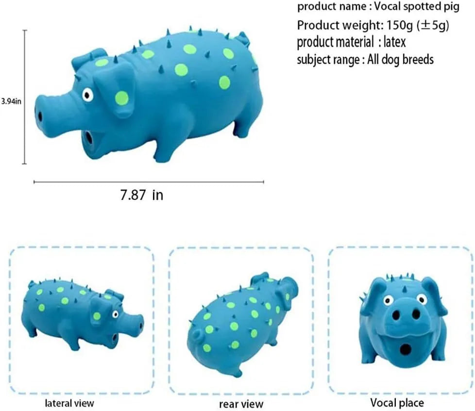 Blue latex pig-shaped dog chew toy with textured surface and squeaker for aggressive chewers
