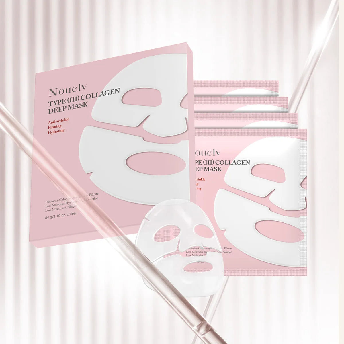 Box containing four white collagen facial patch masks for skincare.