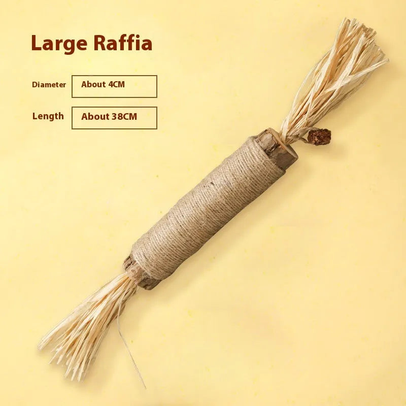 Large wooden cat chew toy with a 2.2cm diameter handle and a dangling teaser with catnip and feathers.